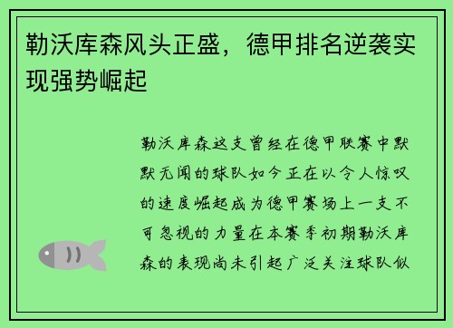 勒沃库森风头正盛，德甲排名逆袭实现强势崛起